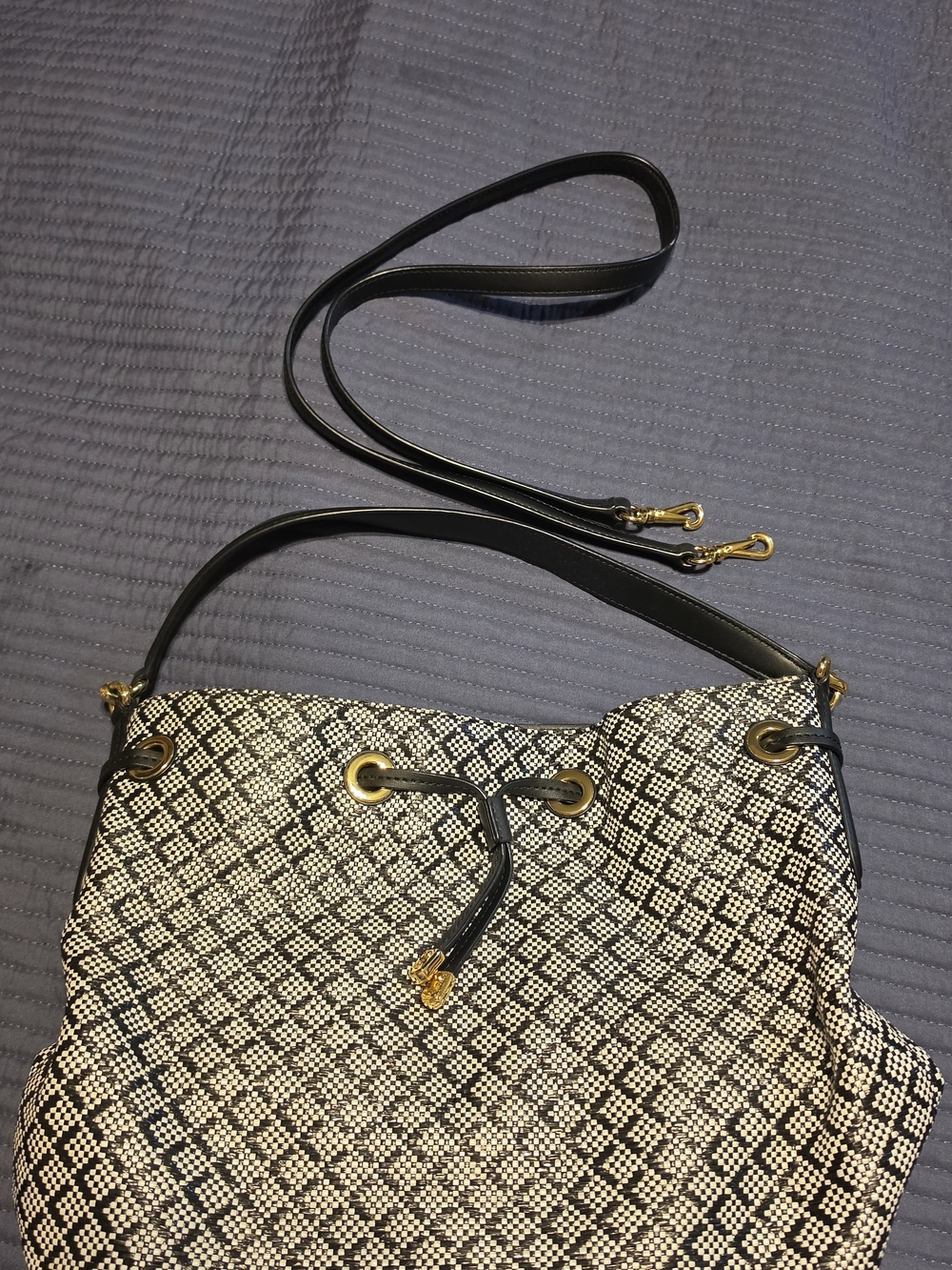 Lauren Ralph Lauren Black and White Drawstring Crossbody with Gold Hardware - Picture 2 of 8